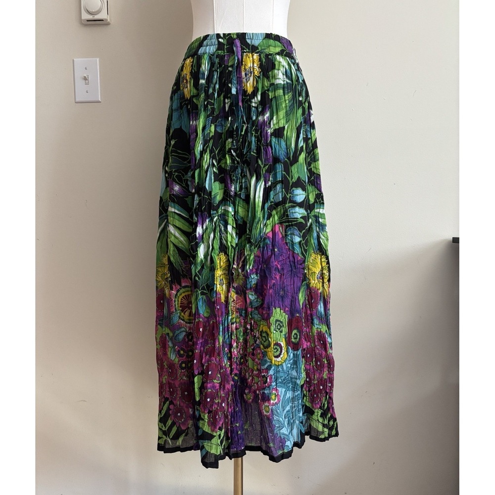 Take Two Broomstick Crinkle Long Skirt Size Petite Large Floral Boho Flowy Y2K